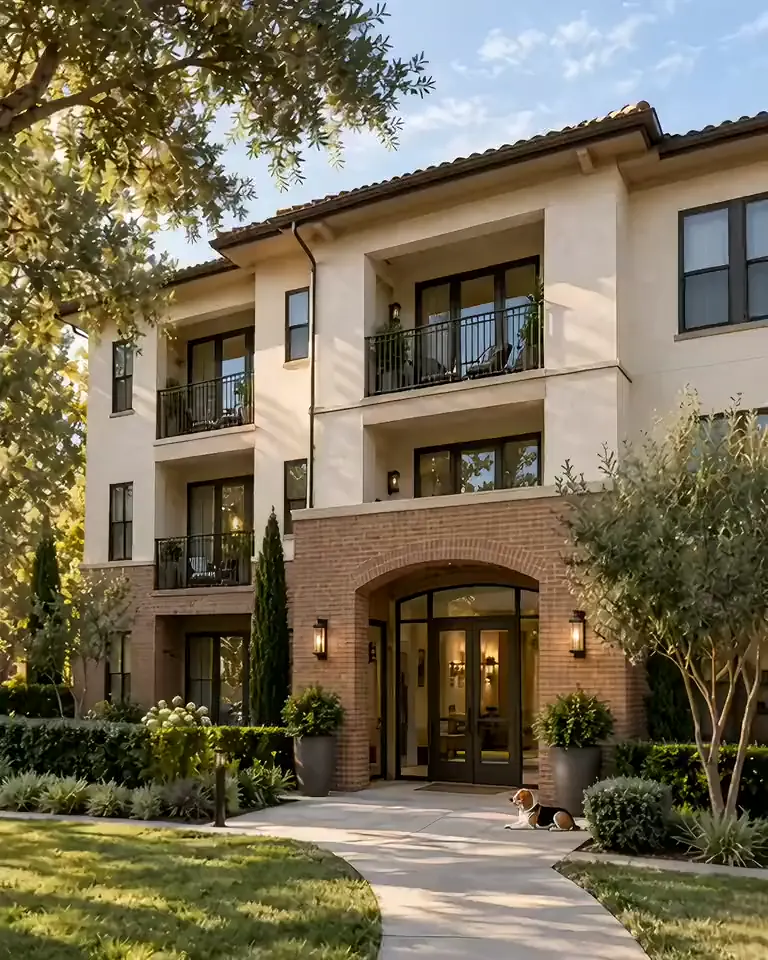 Garden apartments with a landscaped courtyard and a beagle resting beside the entrance