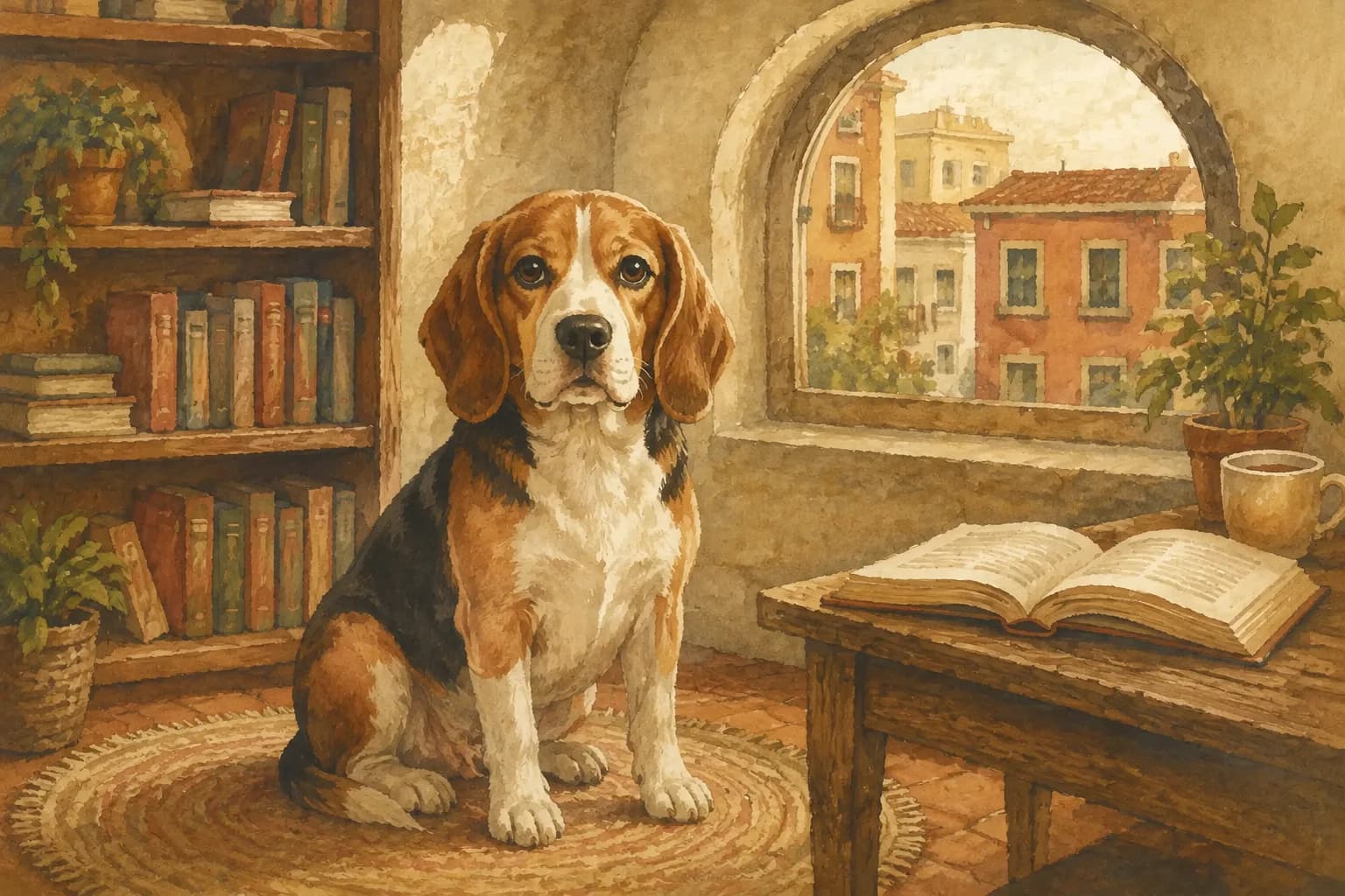 A beagle beside an open book in a sunlit reading room