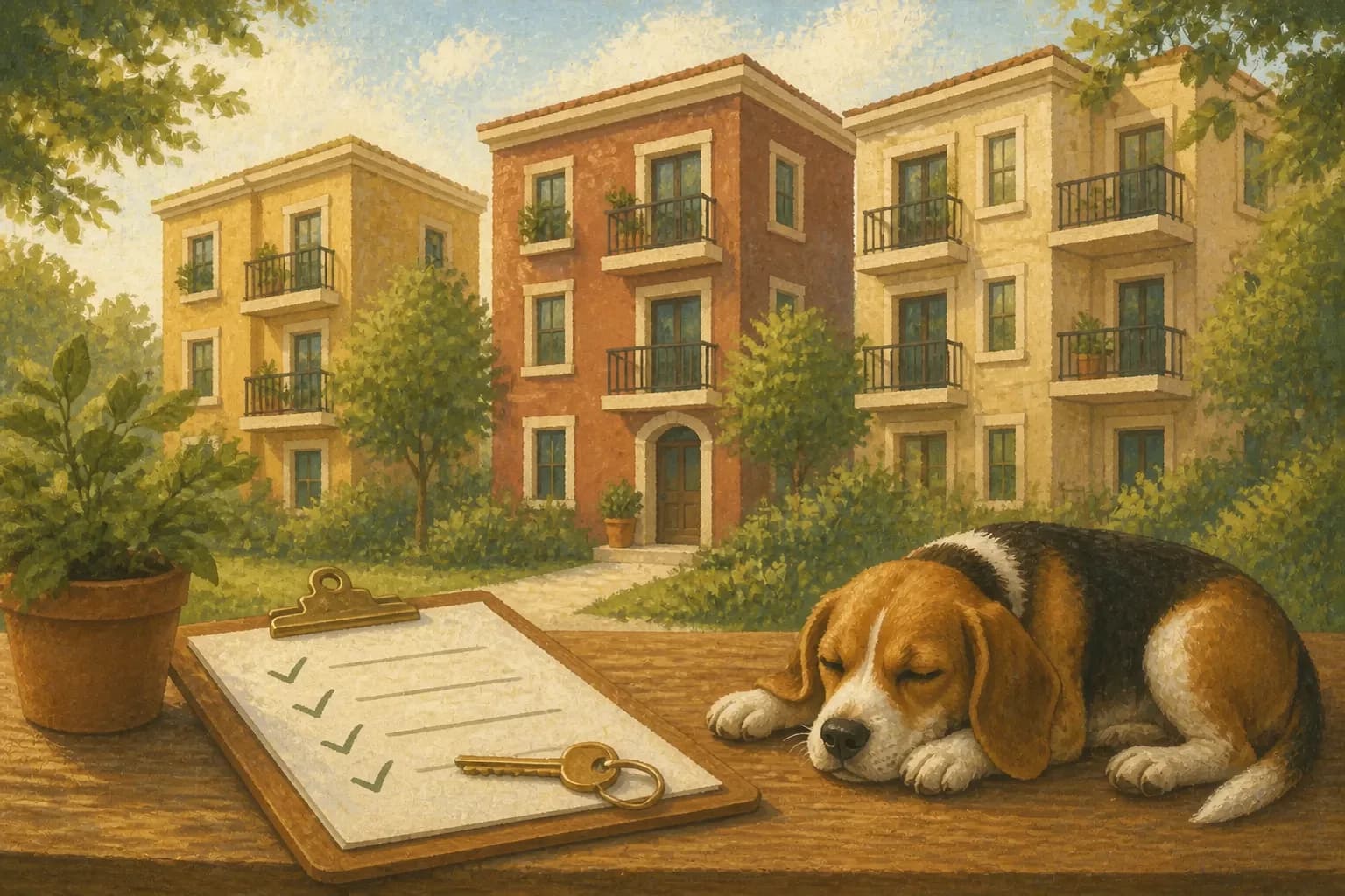 A painted neighborhood with a policy checklist and keys in the foreground