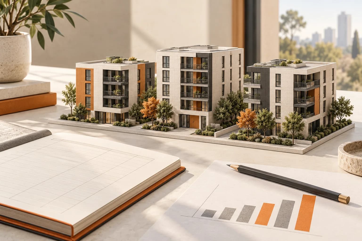 Architectural illustration of rental properties and a ledger for program revenue