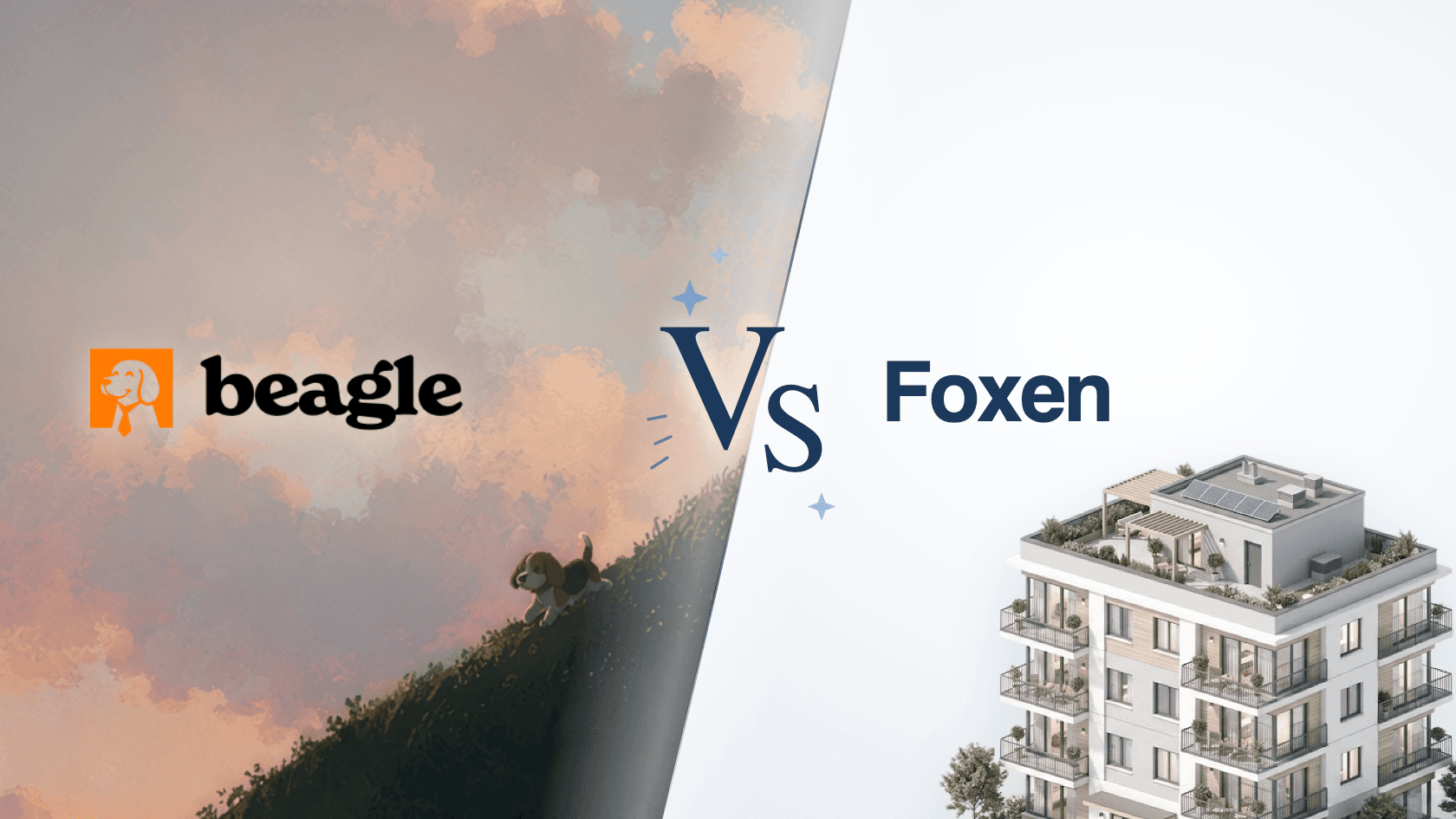 Split illustration: the Beagle wordmark over a painted hillside with a beagle puppy, versus the Foxen wordmark over a flat white apartment building