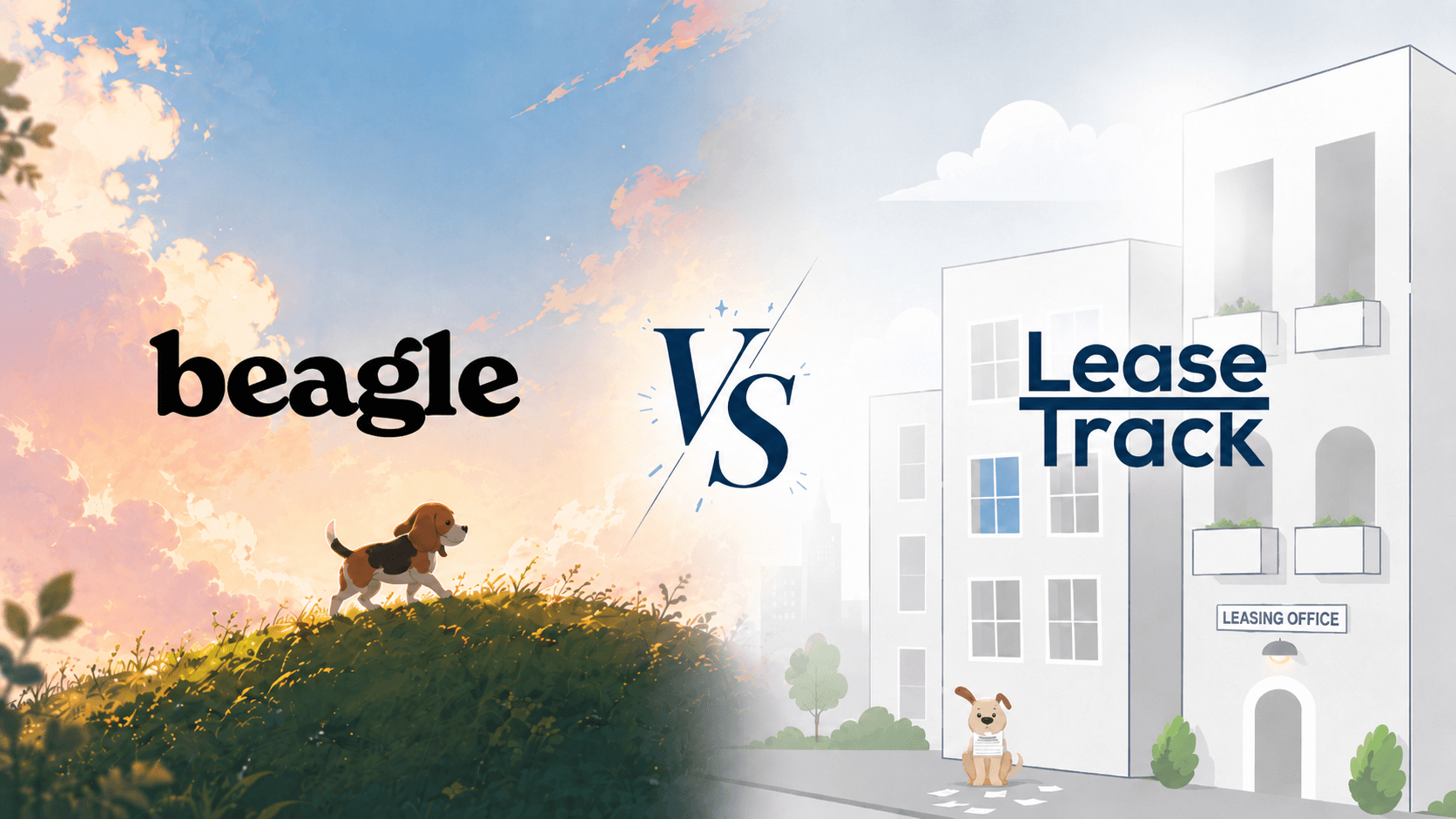 Split illustration: the Beagle wordmark over a painted hillside with a beagle puppy, versus the LeaseTrack logo over flat white apartment buildings and a leasing office
