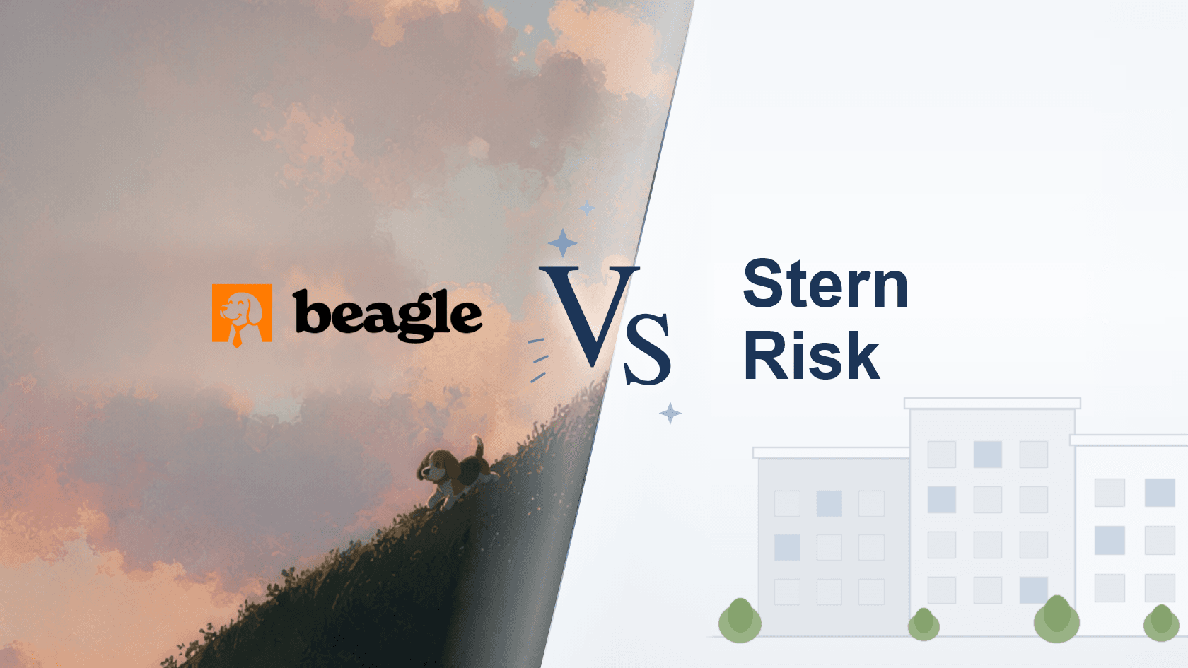 Split illustration: the Beagle wordmark over a painted hillside with a beagle puppy, versus the Stern Risk wordmark over a flat grey apartment block
