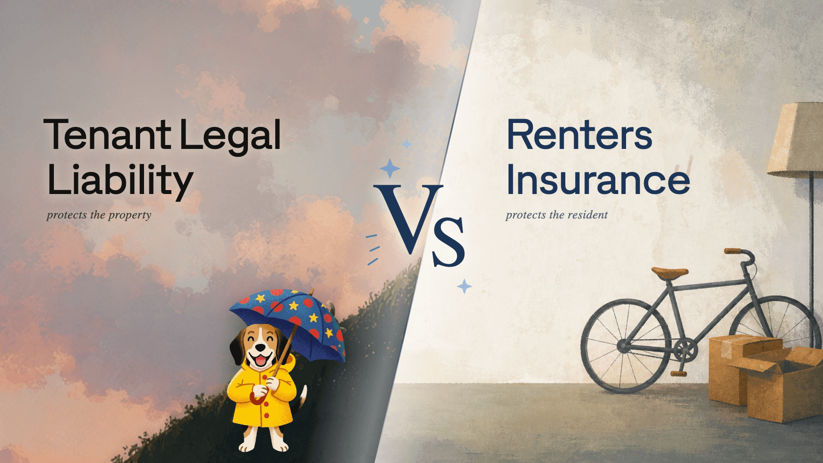 Split illustration: a beagle in a yellow raincoat holding an umbrella on a painted hillside for Tenant Legal Liability, versus a resident's apartment with a bicycle and moving boxes for renters insurance