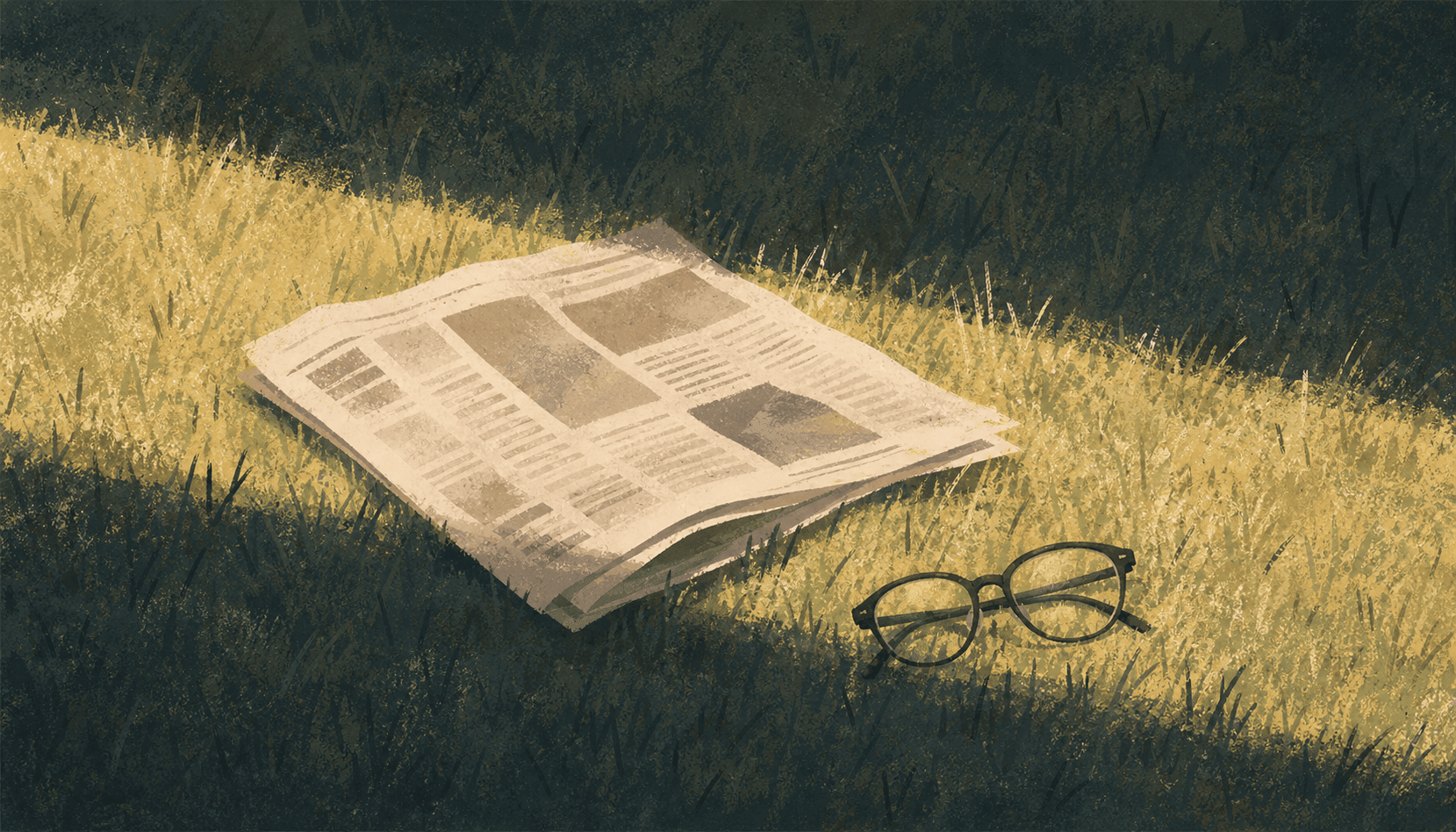 An illustrated newspaper and glasses resting in sunlit grass