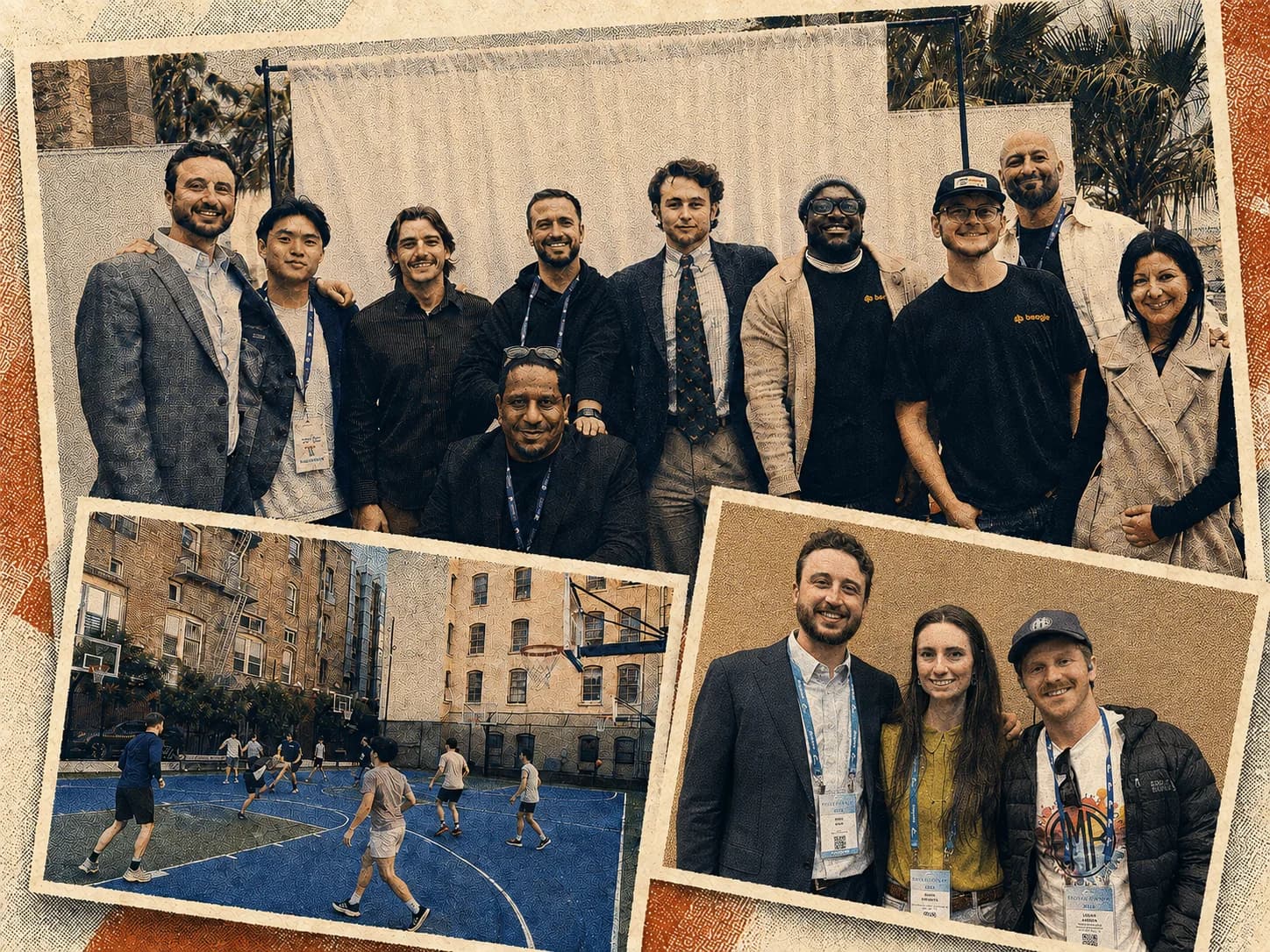 Halftone collage of Beagle colleagues and industry peers at property management events and playing basketball together