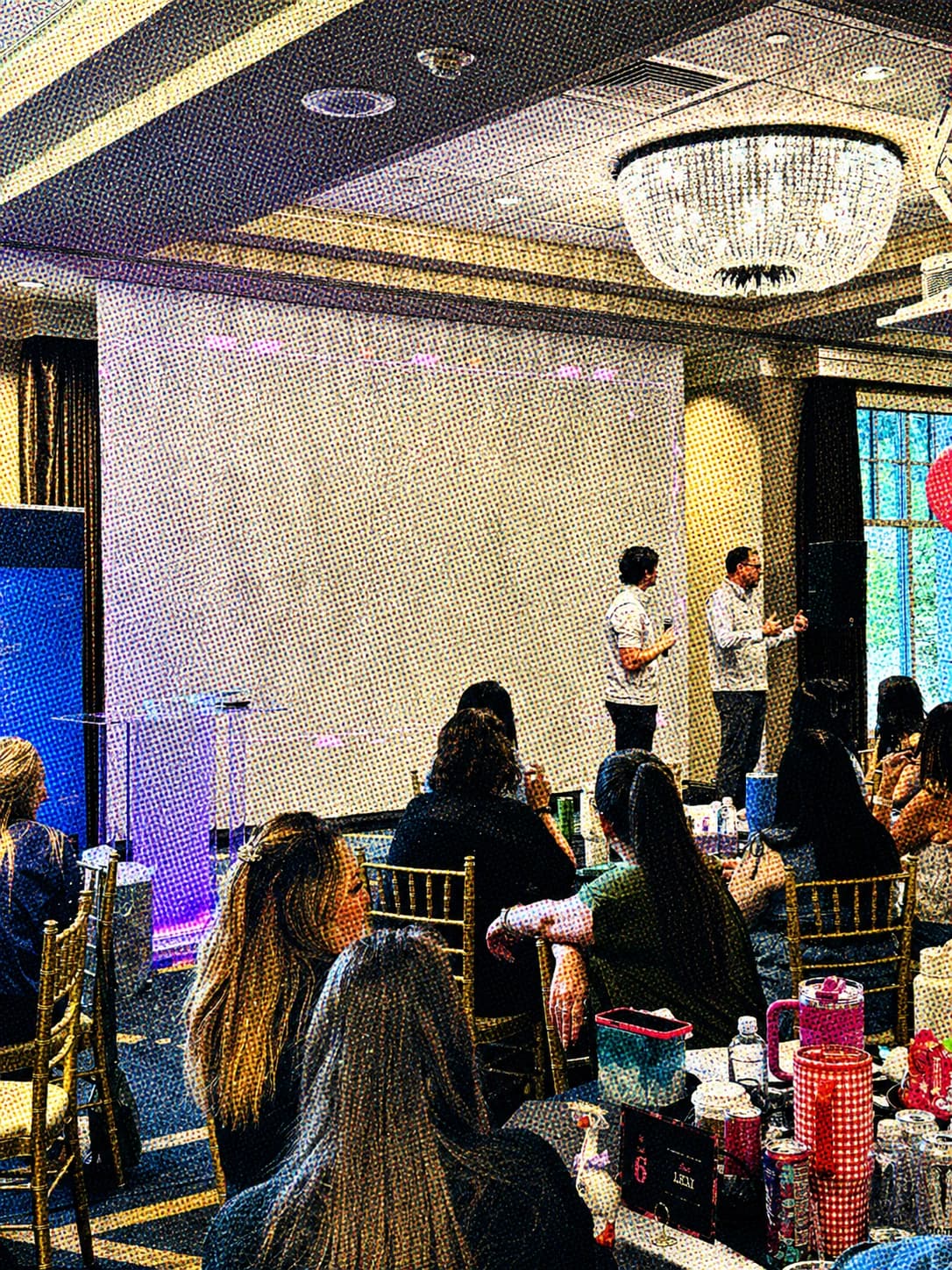 Halftone photograph of Beagle speakers presenting to property professionals at a conference